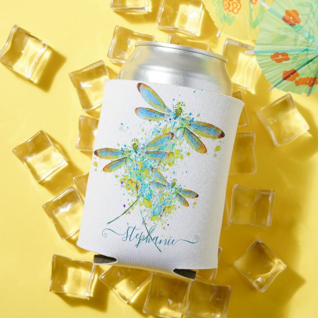 Teal Dragonfly splatter personalized  Can Cooler (In Situ Summer)