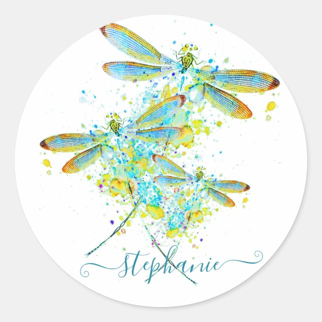 Teal Dragonfly splatter personalized  Classic Round Sticker (Front)
