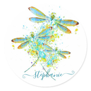 Teal Dragonfly splatter personalized  Classic Round Sticker