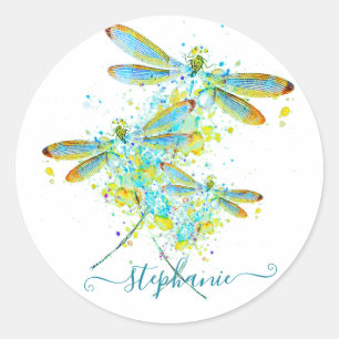 Teal Dragonfly splatter personalized Classic Round Sticker