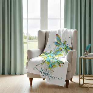 Teal Dragonfly splatter personalized Fleece Blanket