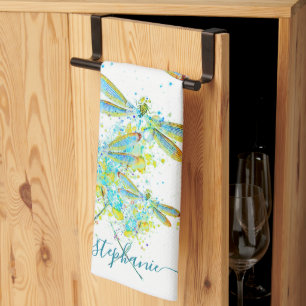 Teal Dragonfly splatter personalized Kitchen Towel
