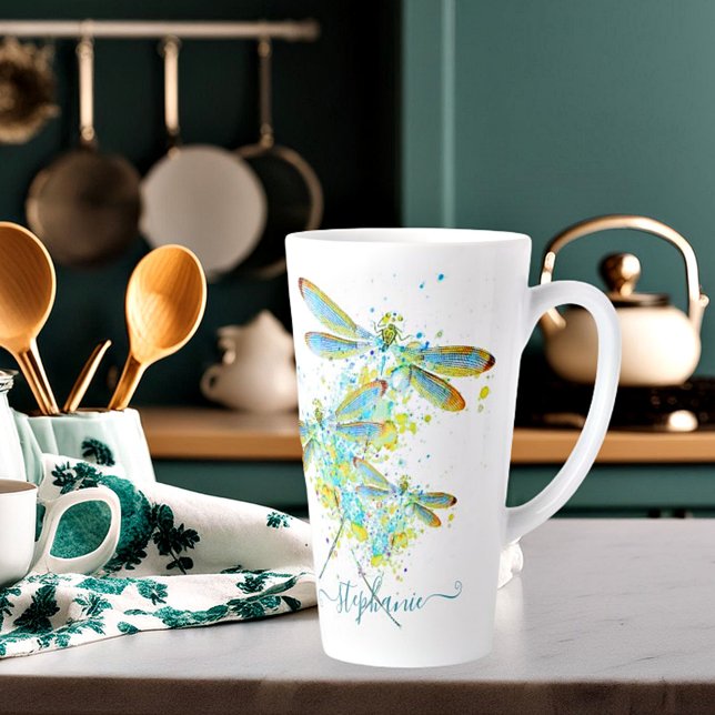 Teal Dragonfly splatter personalized  Latte Mug (Creator Uploaded)