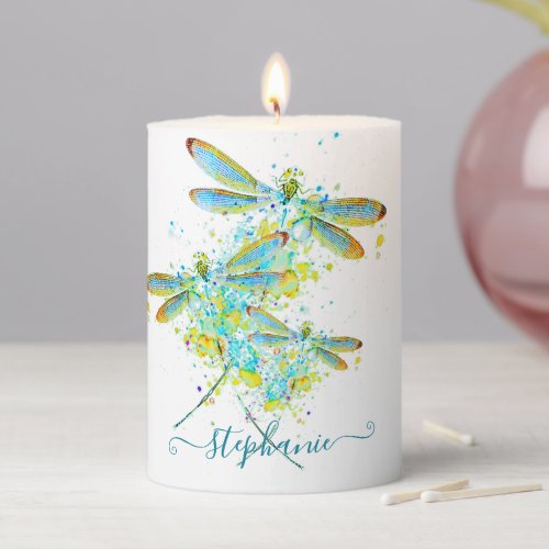 Teal Dragonfly splatter personalized  Pillar Candle