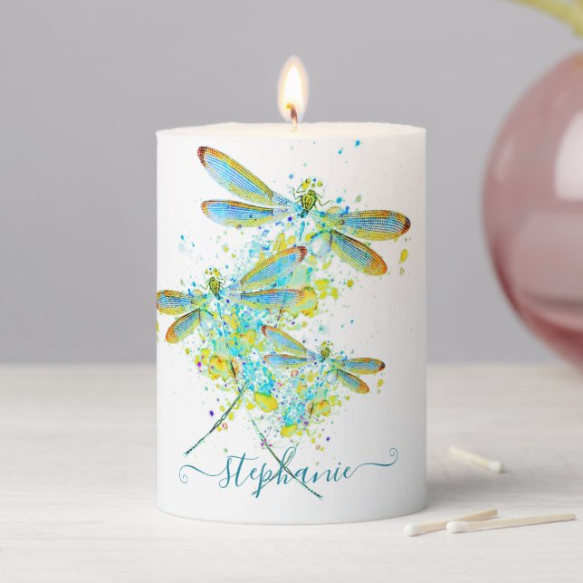Teal Dragonfly splatter personalized  Pillar Candle (In Situ)