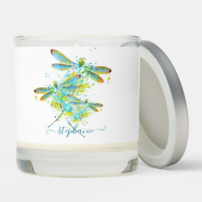 Teal Dragonfly splatter personalized  Scented Candle (Lid)