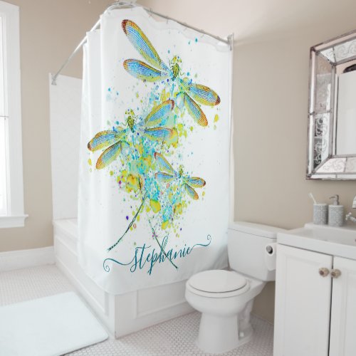 Teal Dragonfly splatter personalized  Shower Curtain