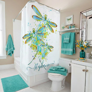 Teal Dragonfly splatter personalized  Shower Curtain