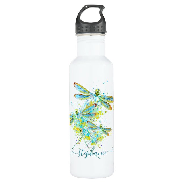 Teal Dragonfly splatter personalized  Stainless Steel Water Bottle (Front)