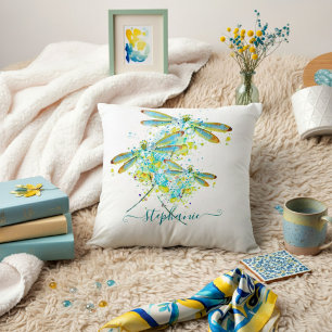 Teal Dragonfly splatter personalized  Throw Pillow