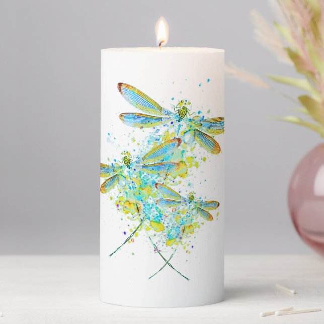 Teal Dragonfly splatter  Pillar Candle (In Situ)