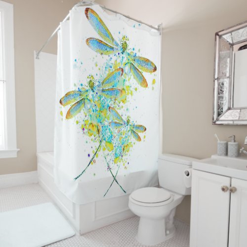 Teal Dragonfly splatter  Shower Curtain