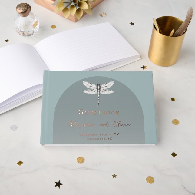 Teal Dragonfly Wedding Foil Guest Book (Front Open)