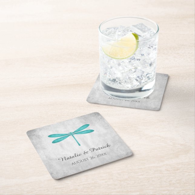 Teal Dragonfly Wedding Paper Coasters (Insitu)