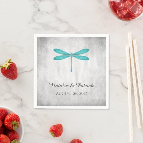 Teal Dragonfly Wedding Paper Napkins