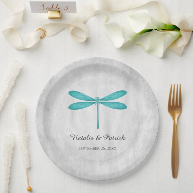 Teal Dragonfly Wedding Paper Plates (Wedding)