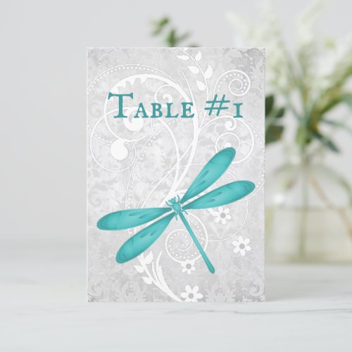 Teal Dragonfly Wedding Reception Table Card