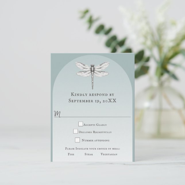 Teal Dragonfly Wedding RSVP Card (Standing Front)