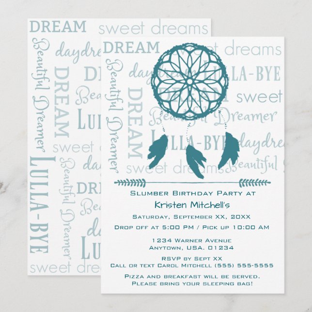 Teal Dream Catcher Slumber Birthday Party Invitation (Front/Back)