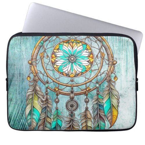 Teal Dreamcatcher Mystical Boho Feathers and Beads Laptop Sleeve