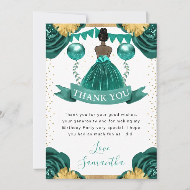 Teal Dress Dark Skin Princess Birthday Thank You Card (Front)