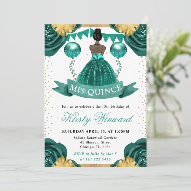 Teal Dress Dark Skin Princess Quinceanera Invitation (Standing Front)