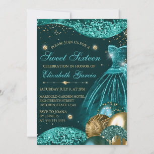 Teal Dress & Gold Glitter Balloons Sweet 16 Invitation