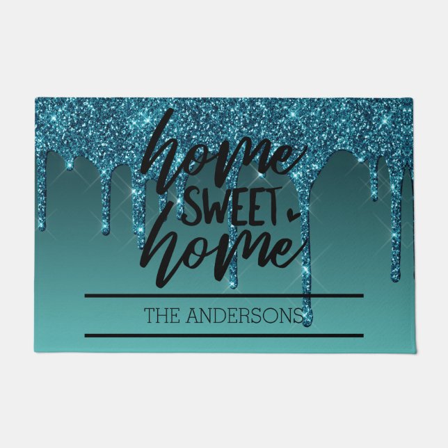 Teal Dripping Glitter Family Home Sweet Home Doormat (Front)