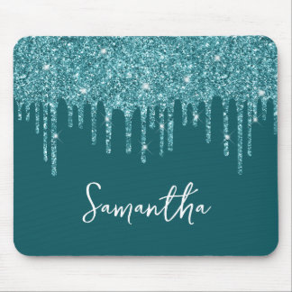 Teal Dripping Glitter Glam Name Mouse Pad