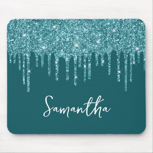 Teal Dripping Glitter Glam Name Mouse Pad