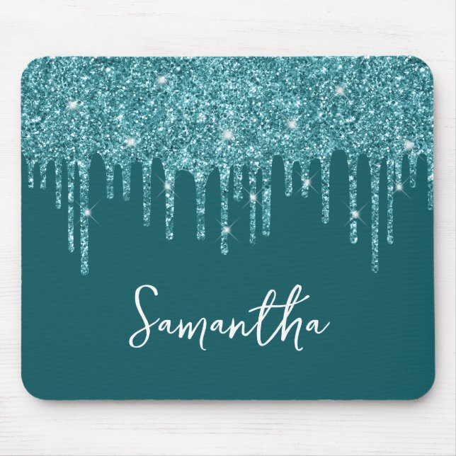 Teal Dripping Glitter Glam Name Mouse Pad (Front)