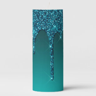 Teal Dripping Glitter Pillar Candle