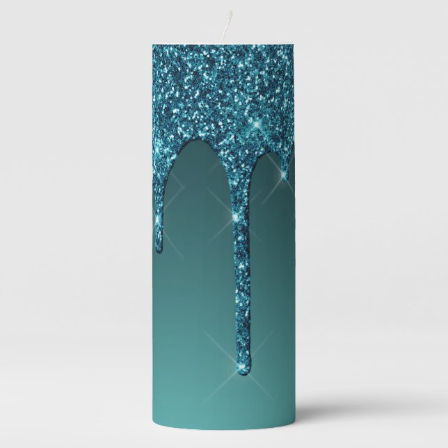 Teal Dripping Glitter Pillar Candle (Front)