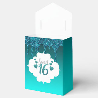 Teal Dripping Glitter Sweet 16 Favor Boxes