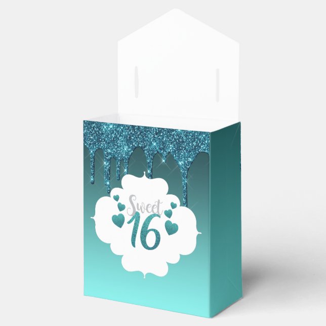 Teal Dripping Glitter Sweet 16 Favor Boxes (Opened)