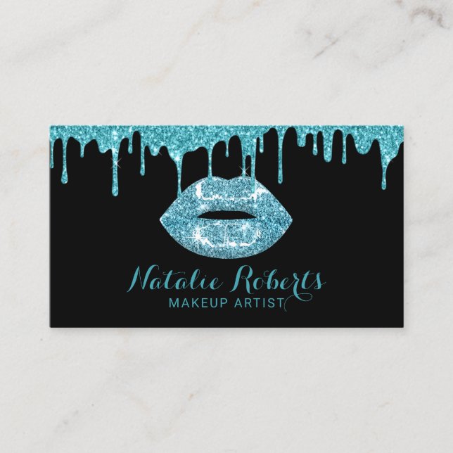 Teal Drips Glitter Lips Makeup Artist Beauty Salon Business Card (Front)