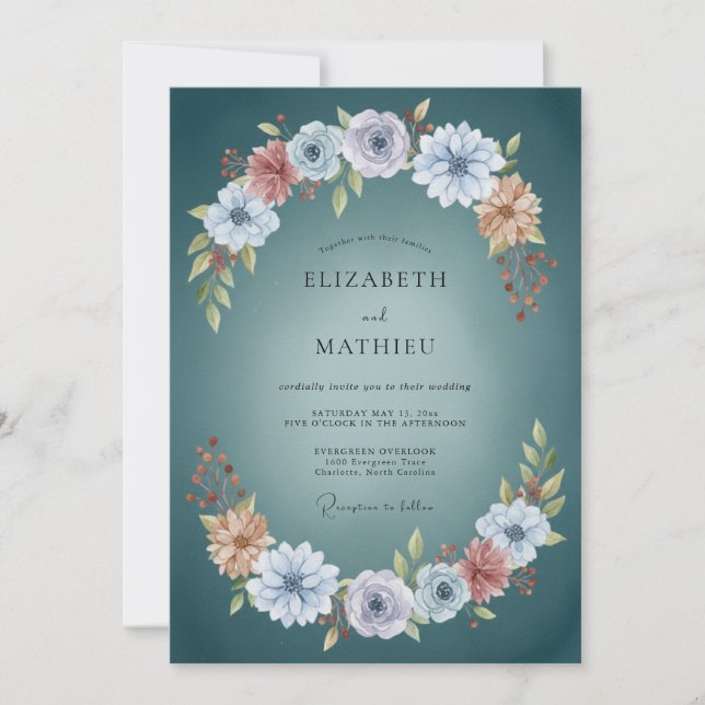 Teal Dusky Botanical Wedding Invitation (Front)