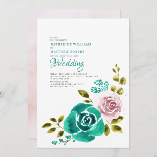 Teal Dusty Rose Blush Floral Wedding  Invitation