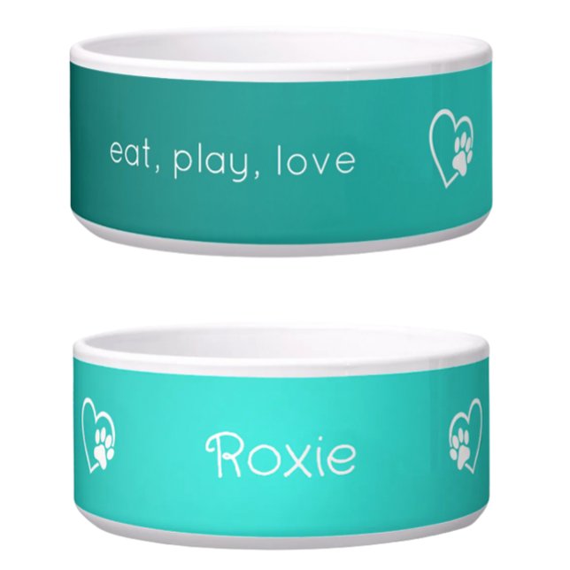 Teal 'eat, play, love' Dog Name Bowl (Creator Uploaded)