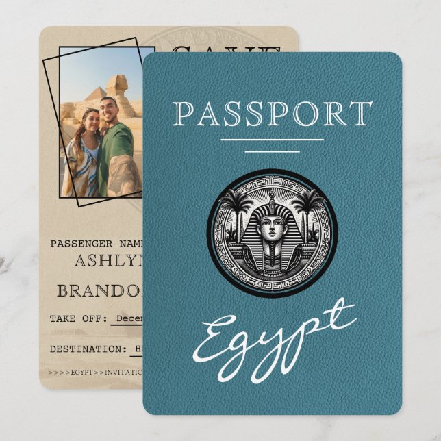 Teal Egypt Passport Wedding Save the Date (Front/Back)