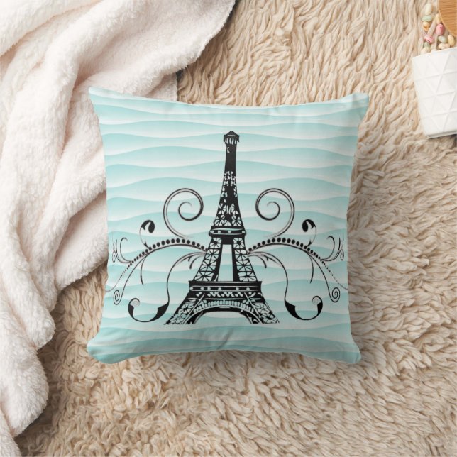 Teal Eiffel Towel Flourish Throw Pillow (Blanket)