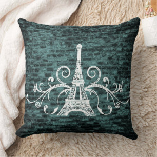 Teal Eiffel Towel Grunge Throw Pillow