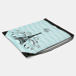 Teal Eiffel Tower Flourish Drawstring Backpack
