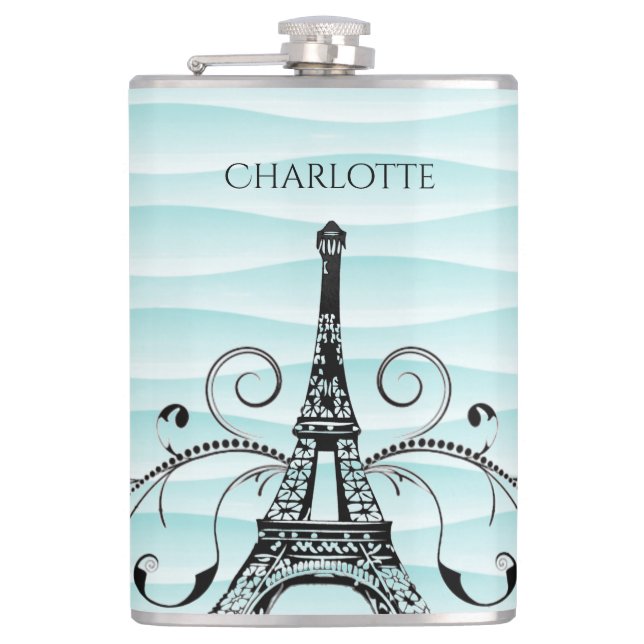 Teal Eiffel Tower Flourish Flask (Front)
