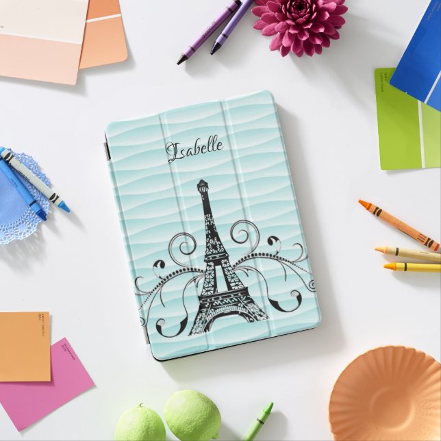 Teal Eiffel Tower Flourish iPad Cover (Desk)