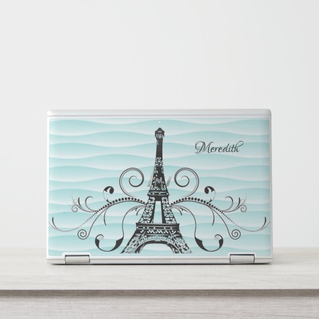 Teal Eiffel Tower Flourish Laptop Skin (Front)