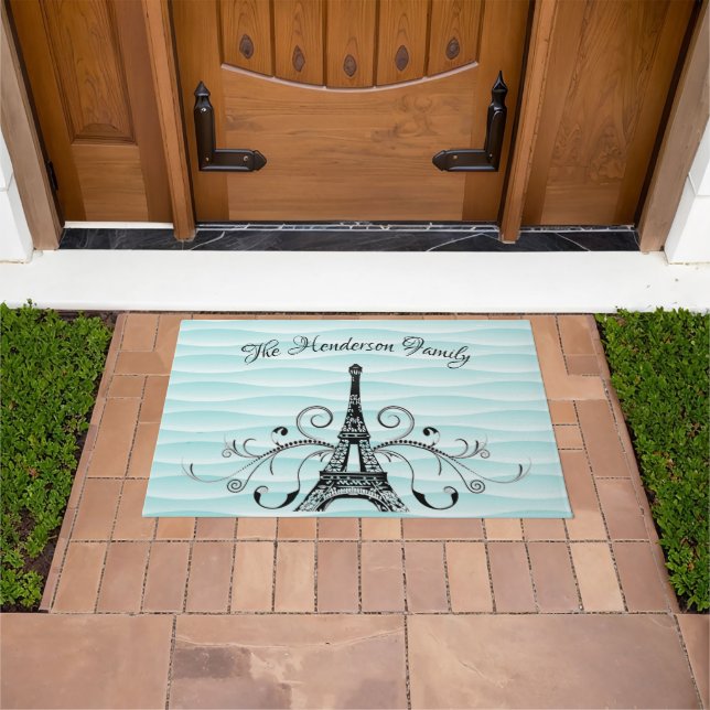 Teal Eiffel Tower Flourish Personalized Door Mat (Outdoor)