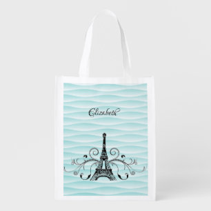 Teal Eiffel Tower Flourish Reusable Grocery Bag