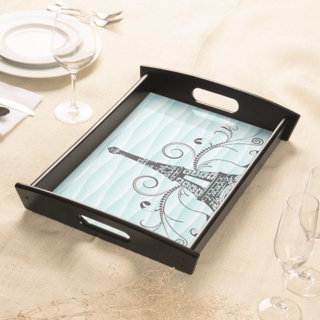 Teal Eiffel Tower Flourish Serving Tray (Front)