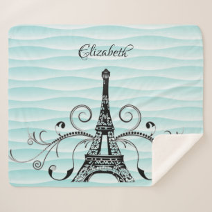 Teal Eiffel Tower Flourish Sherpa Blanket